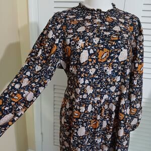 Universal Thread L Long-Sleeved Floral Smocked-Top Blue/Marigold/Beige Dress